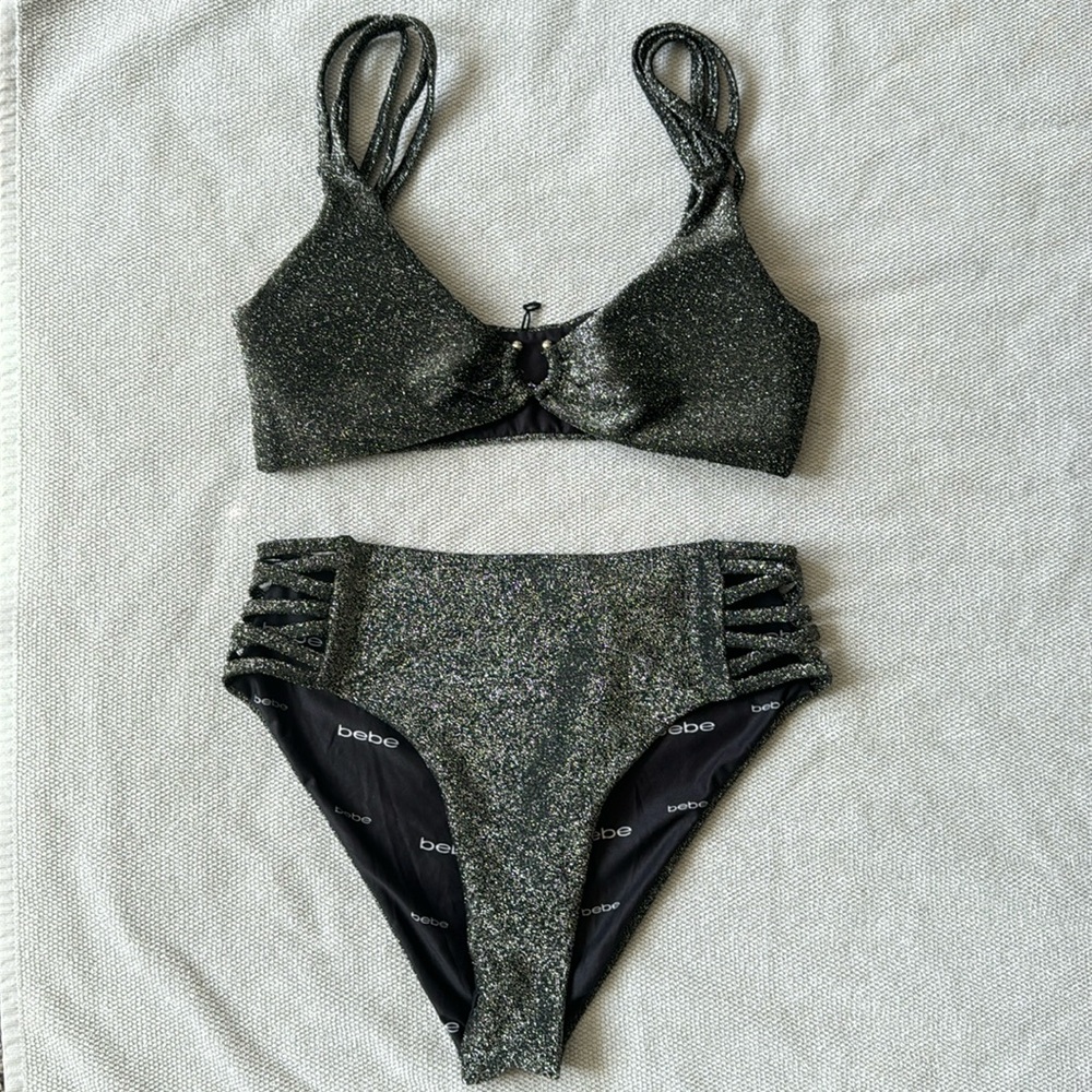 Bebe SZ M Black Metallic Shine Bikini